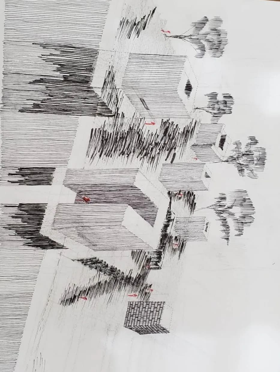 hand drawing — chambers in sequence along the sidewalk