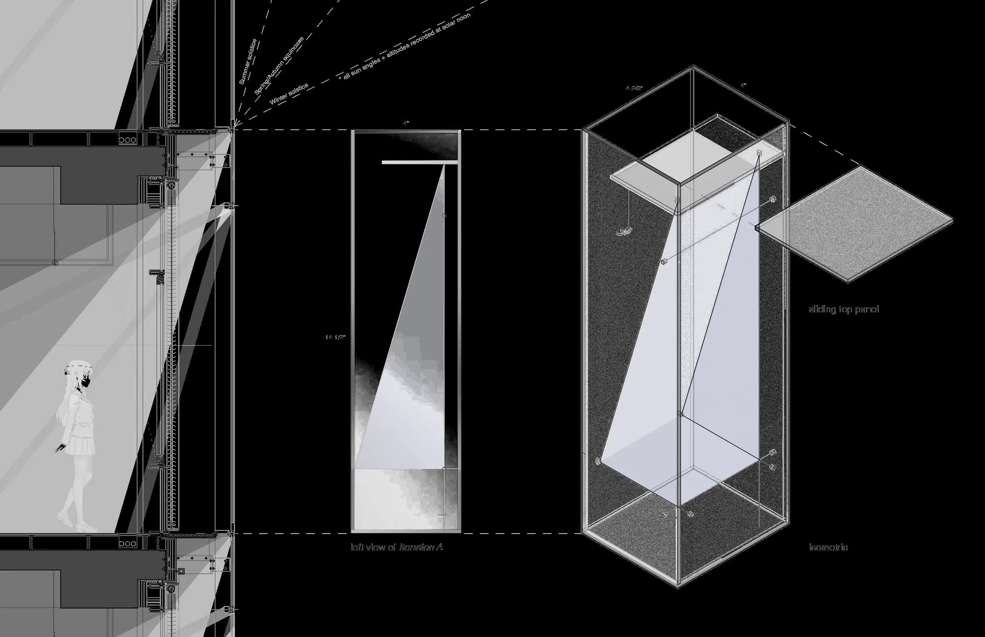 sun angles at solar noon · left view and isometric of Iteration A