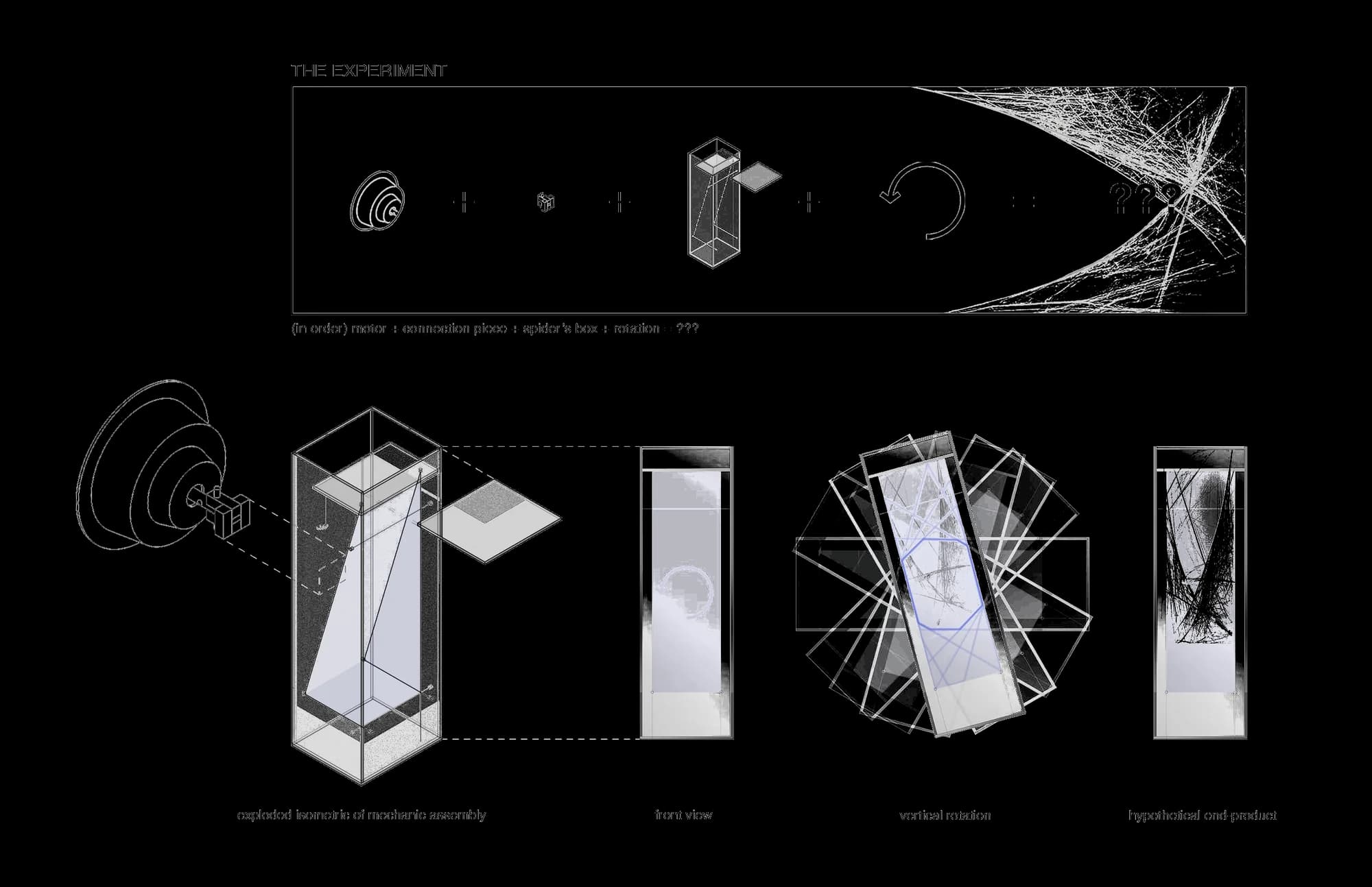 exploded isometric, front view, vertical rotation, hypothetical end-product